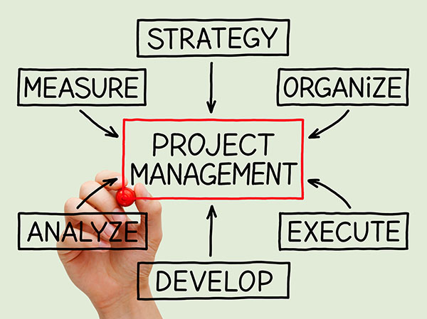 Hand drawing Project Management flow chart with red marker on transparent wipe board.